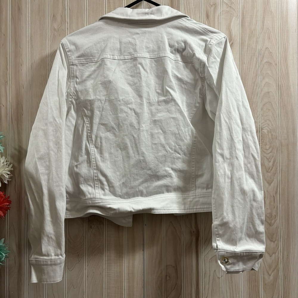 Quacker Factory White Denim Jacket Gold Rhinestone Button Trucker Small Stretch - Picture 8 of 8
